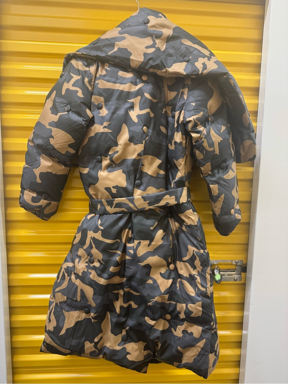 AKIRA Tan & Black Camouflage Belted Puffer Coat